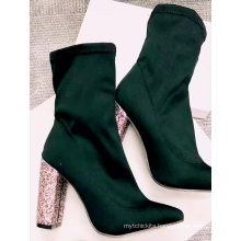 Wholesale Custom Glitter Bling Heels Boots Women Lycra Elastic Ankle Chunky Heel Boots